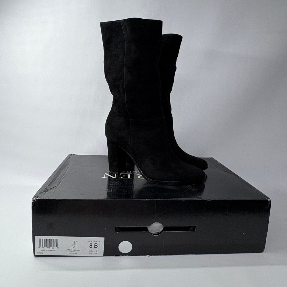Lauren Ralph Lauren Artizan II Black Kid Suede Block Heel Boots 8B Monogram